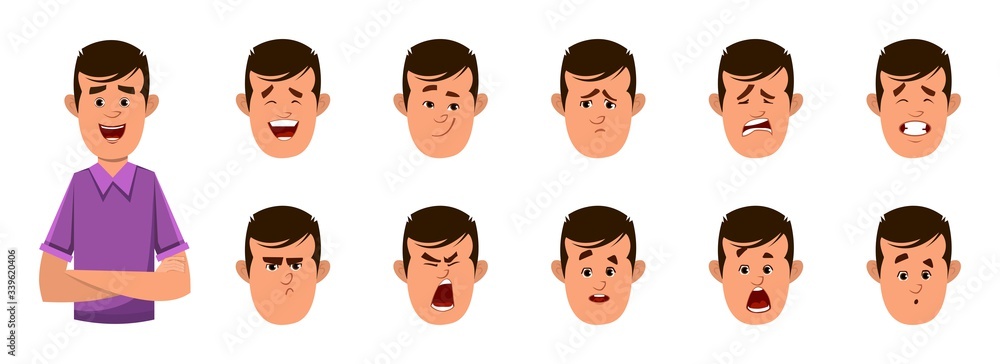 casual boy cartoon character with different facial expression set. different facial emotions for custom animation casual boy cartoon character with different facial expression set. different facial emotions for custom animation