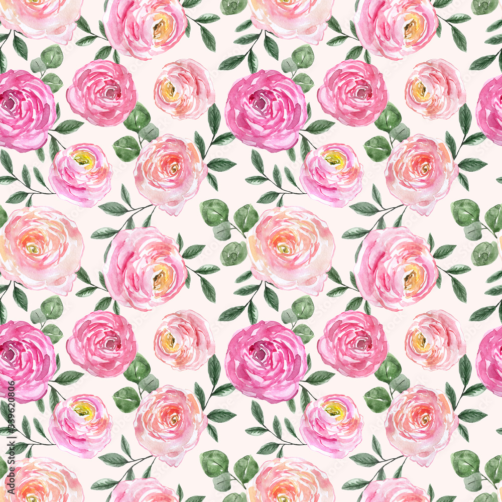 Soft and colorful flowers seamless pattern in retro shabby chic style. Floral botanical texture, designer paper with hand drawn pink flower, green leaves and foliage on pastel pink background.
