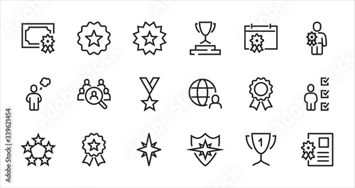 Simple Set of Awards Vector Line Icons. Modern outline elements, graphic design concepts. Contains such Icons as Cup, Pedestal, Medal, Diploma, Star, Calendar. Editable Stroke. 48x48 Pixel Perfect.