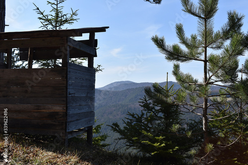 Hochstand im Jagdgebiet Hügelland mit Föhrenwald, Österreich eine Waldstadt, Forestcity in Austria photo