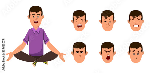 casual boy cartoon character doing yoga or relax meditation. businessman character with different type of facial expression