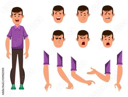 casual boy cartoon character set for your animation, design or motion with different facial emotions and hands