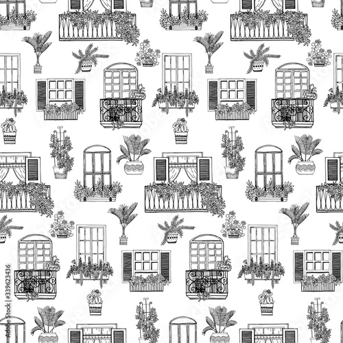 Windows, balcony, flower in pot pattern. Hand-drawn, Doodle style 