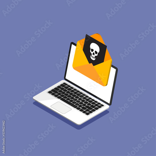 Isometric design of laptop and envelope with a virus. Hacking mail or computer. Getting a pirated or infected letter. Vector illustration. Isolated.	