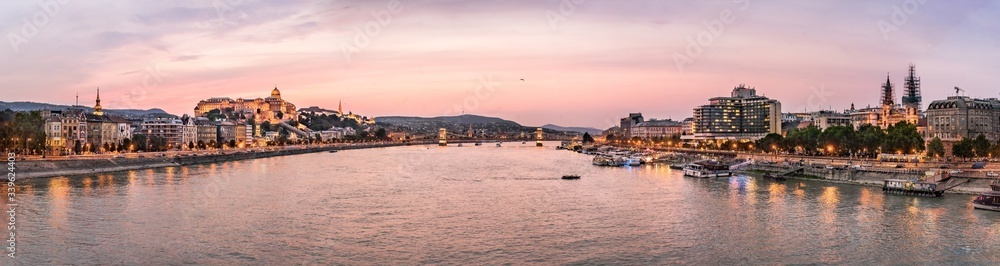 Colorful sunset over the Banks of the River Danube, in Budapest, capital city of Hungary
