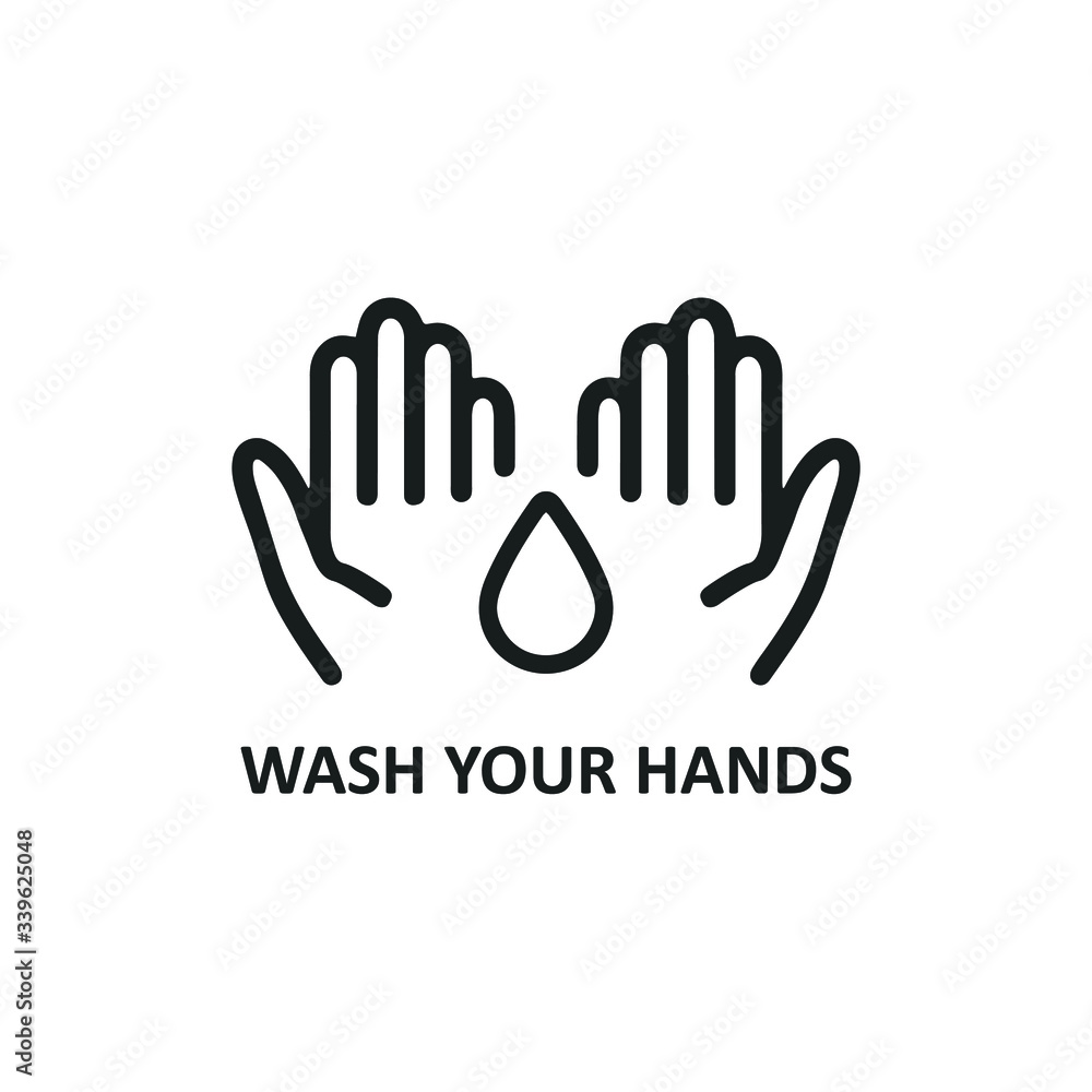 Fototapeta premium Wash your hands Information poster with text isolated on white background, vector illustration of Handwashing. Hands rinsing. Washing hands to keep clean flat black icon for websites and print