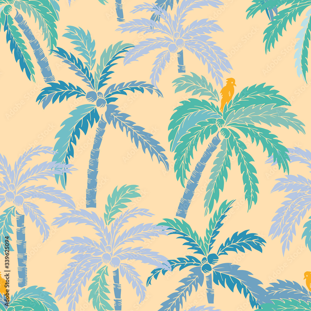 vector turquoise and blue hand draw palm trees on orange background seamless pattern. Perfect for summer background, beachwear, gift wrapping, scrapbooking, fabric