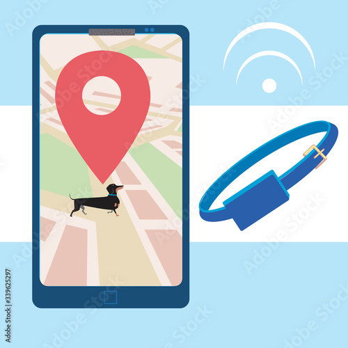 Smartphone, dog and gps collar as a concept for controlling the location of a pet while walking, flat vector stock illustration for design