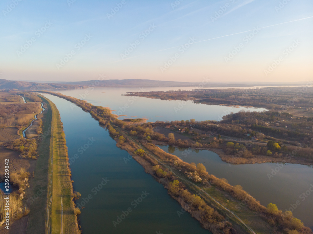 Danube Canal Tisa Danube and Danube River. Aerial photography.