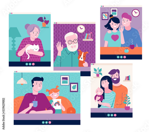 Family, grandparents, children, couple, young people video chatting on the Internet through laptop, tablet or computer. Covid-19 pandemic concept, Novel coronavirus outbreak