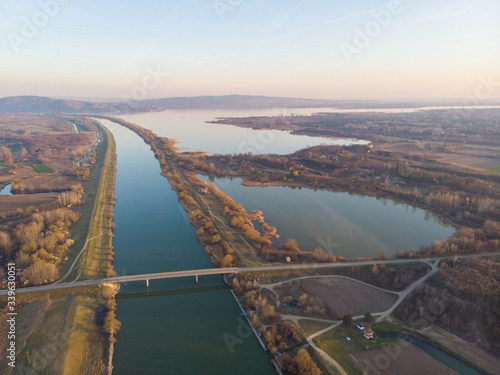 Danube Canal Tisa Danube and bridge over. Aerial photography.