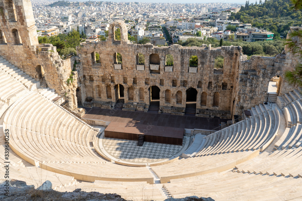 The oldest theatre of Dionysos Eleuthereus on the slope of the acropolis of Athens, Greece. August 2019