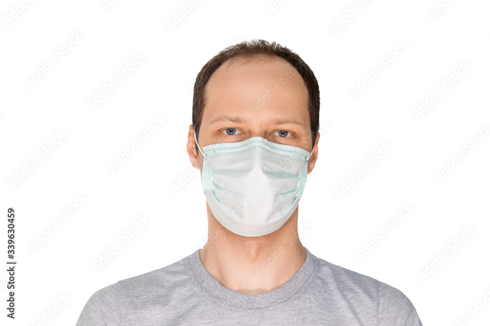 Man in surgical mask protection against contagious disease corona virus, hygienic mask to prevent infection.
