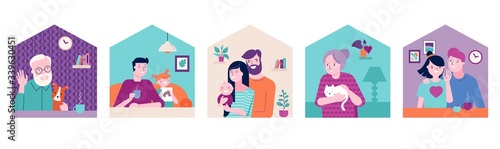 Stay at home, concept design. House facade with different types of people looking out and communicating with their neighbors. Self isolation, quarantine during coronavirus outbreak. Vector flat style
