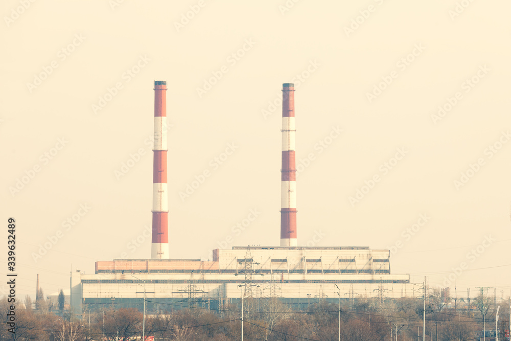 Pipes Heat Power Station, environmental pollution concept.
