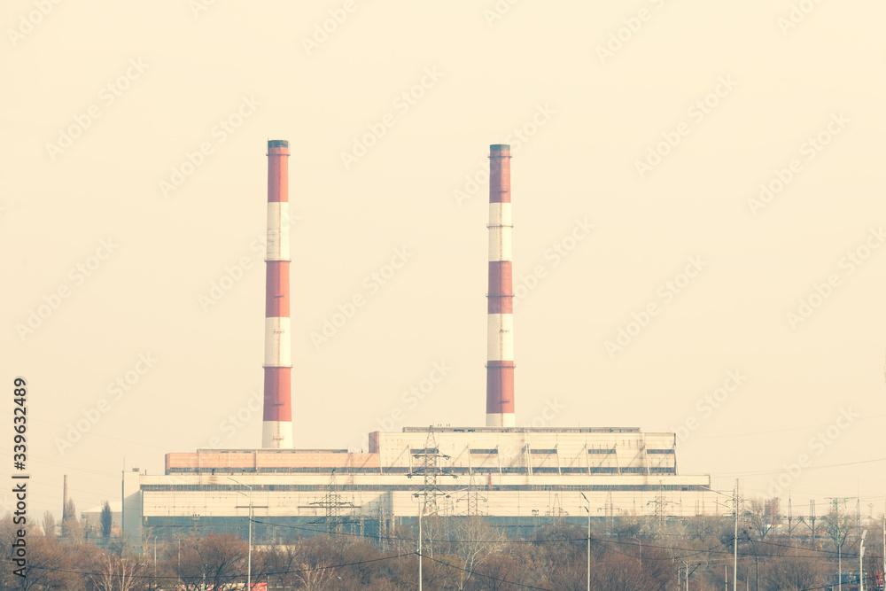 Obraz premium Pipes Heat Power Station, environmental pollution concept.