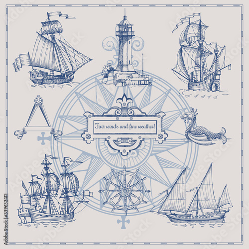 Set of decorative elements for the design of an old geographical map. Ancient caravel, sea monsters, anchor, ship's wheel, compass-meter, wind rose, framework for inscriptions, cartouche.