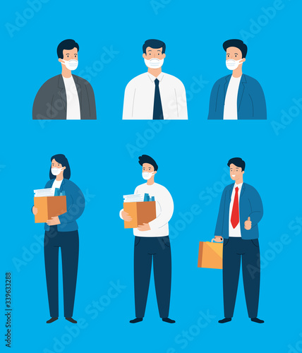 business people unemployed using face mask vector illustration design