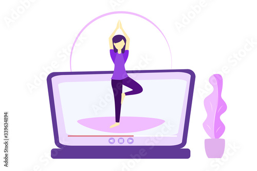 Online yoga relaxation techniques vector illustration. Female person sitting in yoga lotos position and enjoy calm, harmony and peace. Alternative medicine for vitality or healthy lifestyle and soul f