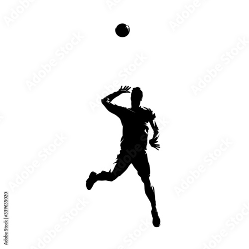 Volleyball player serving ball, isolated vector silhouette. Ink drawing