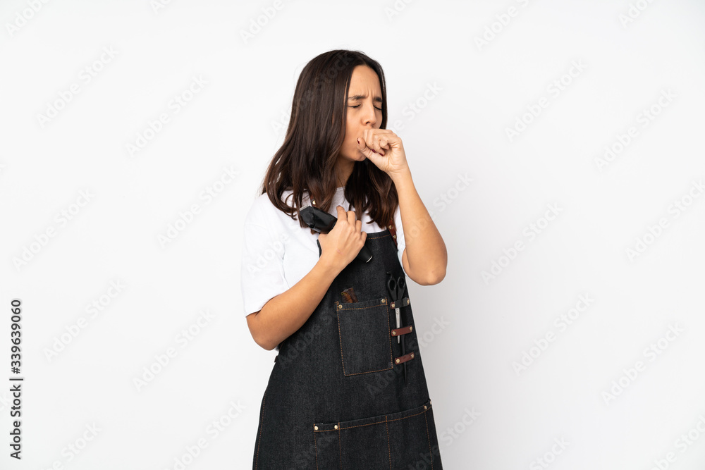 Young hairdresser woman isolated on white background is suffering with cough and feeling bad Young hairdresser woman isolated on white background is suffering with cough and feeling bad