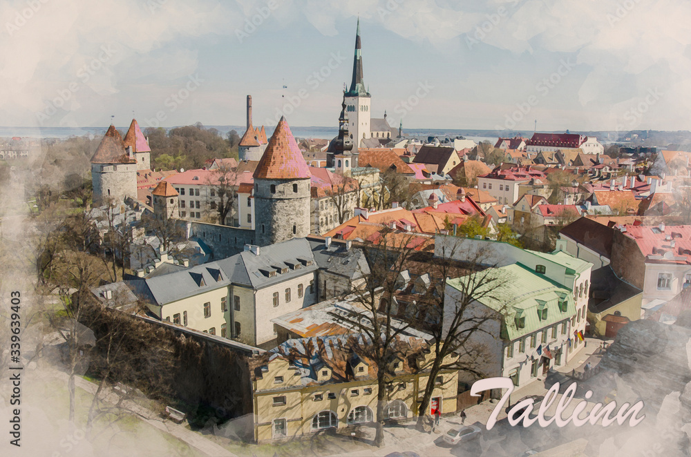 Watercolor effect of photo with view from above of Tallinn Old Town in summer, Estonia. Watercolor illustration.
