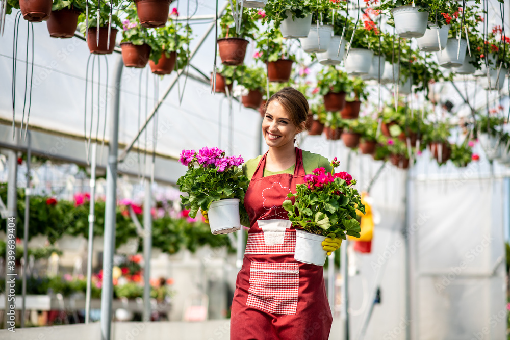 Attractive young florist sorting potted plants in a garden center.