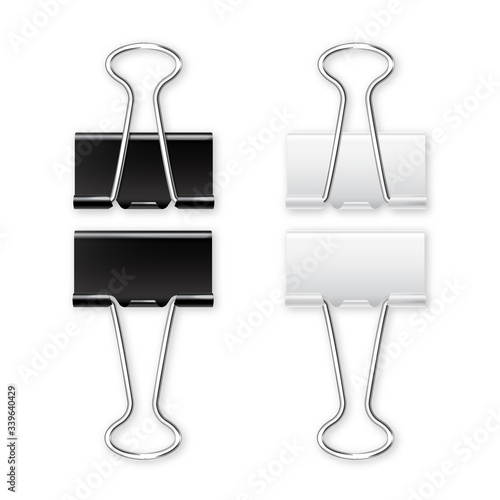 Realistic paper binders collection. Metal paper clip, holder. Design mockup. Vector illustration.