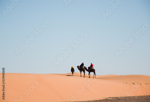 Dos camellos y una persona viajando por el desierto con un gran cielo azul