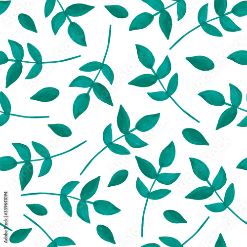 Watercolor green leaves seamless pattern. Design for wallpaper, background, fabric, textile, cafe, restaurant, resort, exotic, packaging.