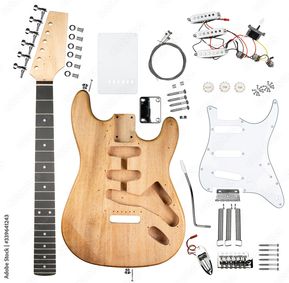 electric guitar diy building kit with all parts and components wooden body  wood neck and electronics single coil pickguard pickup isolated white  background. Stock Photo | Adobe Stock