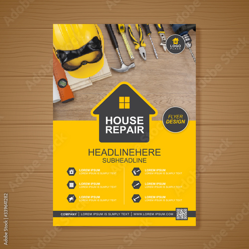 House repair cover A4 template for a construction tools report and brochure design, flyer, leaflets decoration for printing and presentation vector illustration
