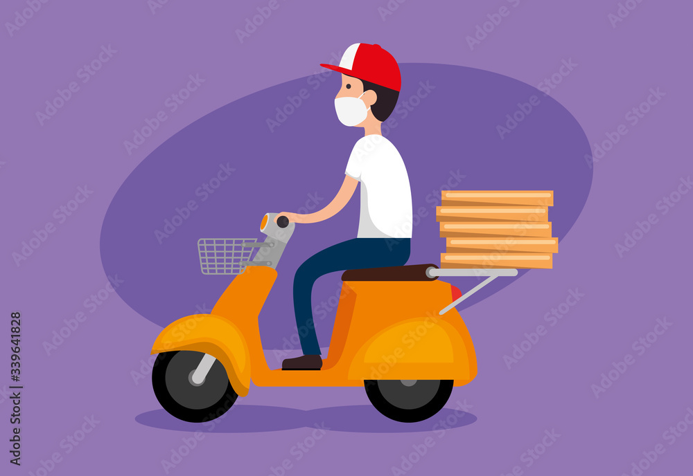 delivery worker using face mask in motorcycle with boxes pizza vector illustration design