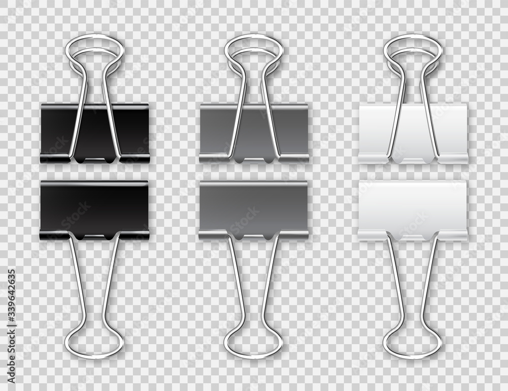 Realistic paper binders collection. Metal paper clip, holder. Design mockup. Vector illustration. Realistic paper binders collection. Metal paper clip, holder. Design mockup. Vector illustration.