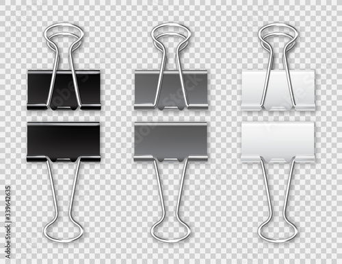 Realistic paper binders collection. Metal paper clip, holder. Design mockup. Vector illustration.
