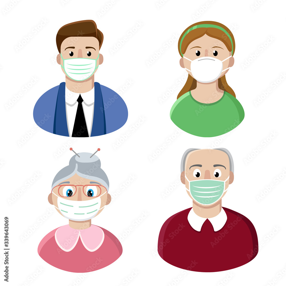 Set of flat vector icons people wearing medical masks. Young man, young girl, elderly lady and elderly man  follow the rules of quarantine and put on masks. 