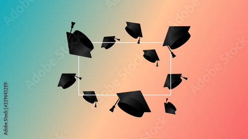 Class of gradient background. Thrown up black education academic cap. Template for graduation design, high school, college congratulation graduate, yearbook. Vector illustration