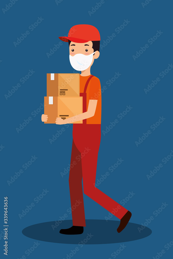 delivery worker using face mask with boxes vector illustration design delivery worker using face mask with boxes vector illustration design
