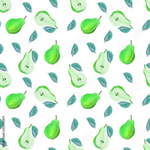 harvest sweet pears with leaves on white background fruit gouache illustration seamless pattern. Food pattern for wallpaper, background, fabric, textile, cafe, restaurant, resort, exotic, packaging