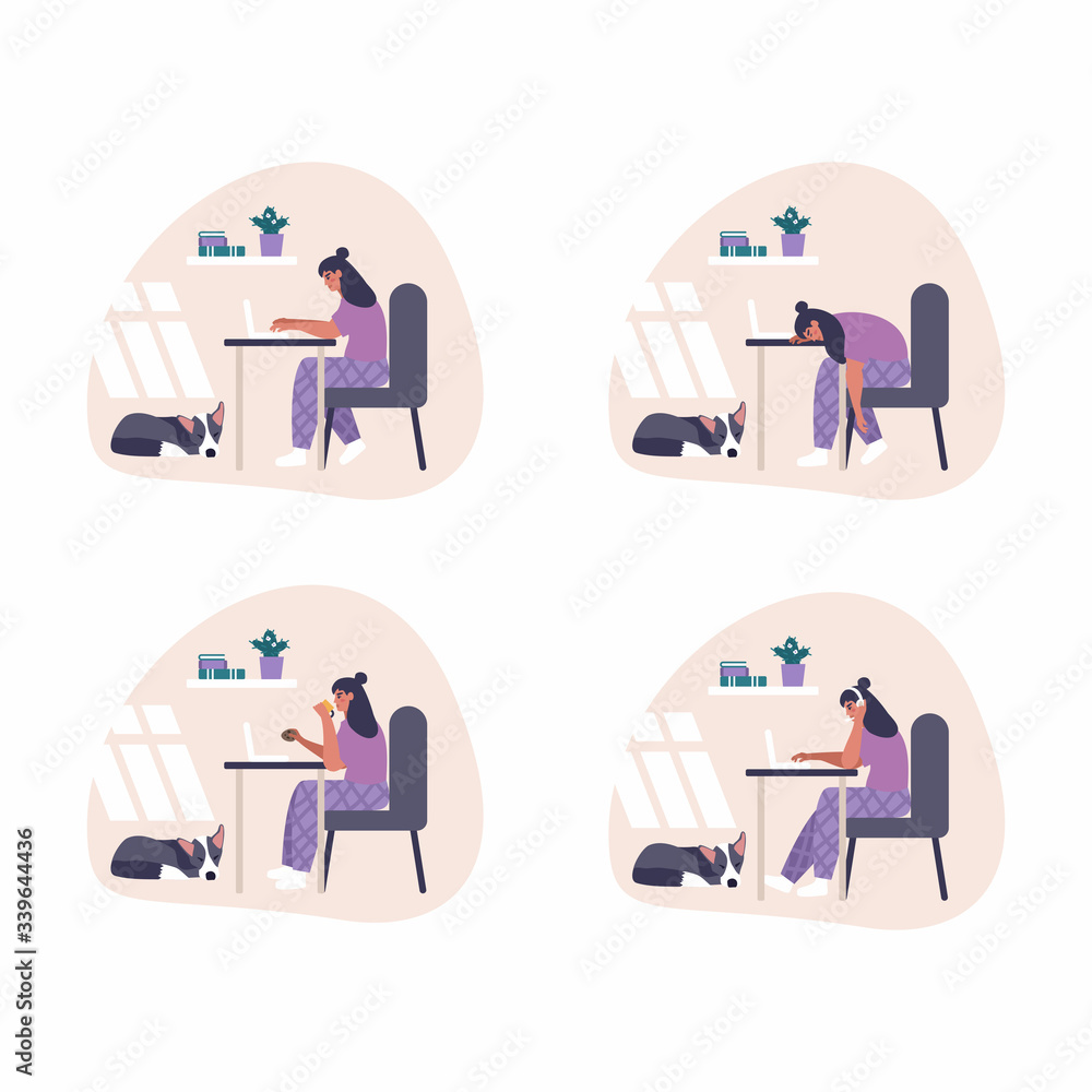 Set of freelance work at home concept illustrations - Woman with headset is working with laptop at home. Flat illustration of working process at home office. Set of freelance work at home concept illustrations - Woman with headset is working with laptop at home. Flat illustration of working process at home office.