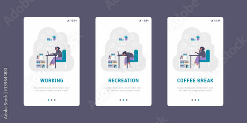 A freelance developer sitting on the clock hands with a laptop. Time management, productivity, efficiency, work rate, perfomance concept, violet palette. Mobile UI UX app interface template.