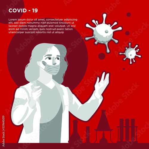 vector illustration of a woman doctor wearing mask standing against coronavirus covid19, red background with text template