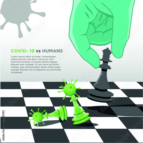 vector illustration of a chess with coronavirus covid19 background, a hand making the final move to win the battle