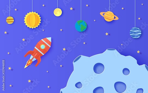 Space with planets and red rocket in paper cut style. Cut out 3d universe abstract background with planet Earth, Sun, Mercury, Saturn, Moon, Jupiter and spacecraft launch papercut art. Vector card