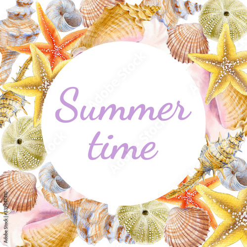 Watercolor round frame of sea shells. Illustration for greeting cards, invitations, and other printing and web projects.
