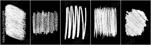 Set of scribble hand drawn in chalk on black background. Shabby white texture. Monochrome stain element. Rusted effect. Digitally generated image. Vector illustration, Eps 10.