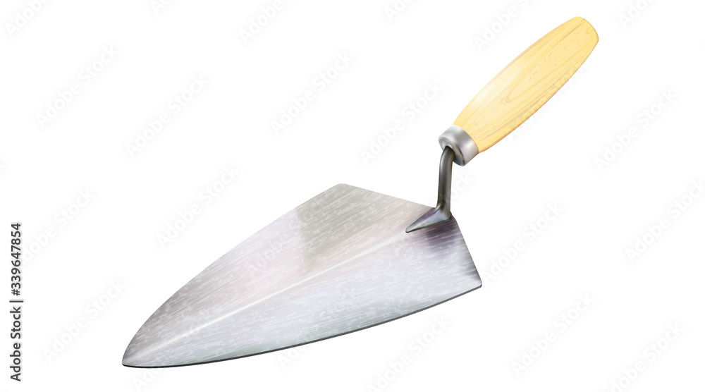 New realistic trowel for mortar and masonry work, isolated on white background. Construction tool with wooden handle. Vector illustration - obrazy, fototapety, plakaty 