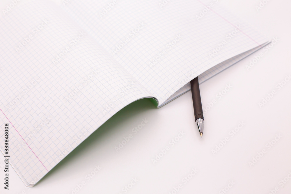 Checkered notebook and fountain pen on a white background Checkered notebook and fountain pen on a white background