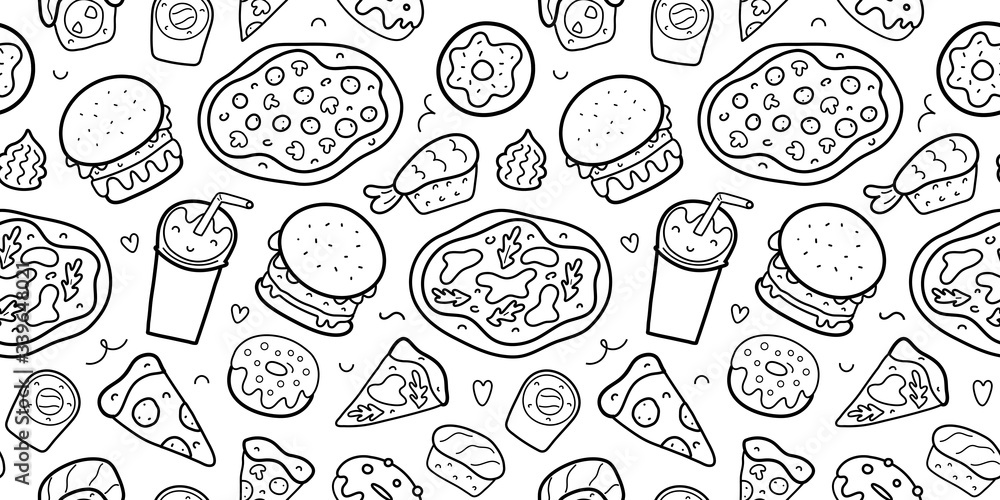 Fast food seamless pattern, doodle linear vector texture for delivery restaurant, various sushi rolls and pizza, cola soda drink, outline drawing, hamburgers and donuts, american food wrapping paper