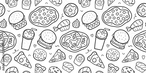 Fast food seamless pattern, doodle linear vector texture for delivery restaurant, various sushi rolls and pizza, cola soda drink, outline drawing, hamburgers and donuts, american food wrapping paper